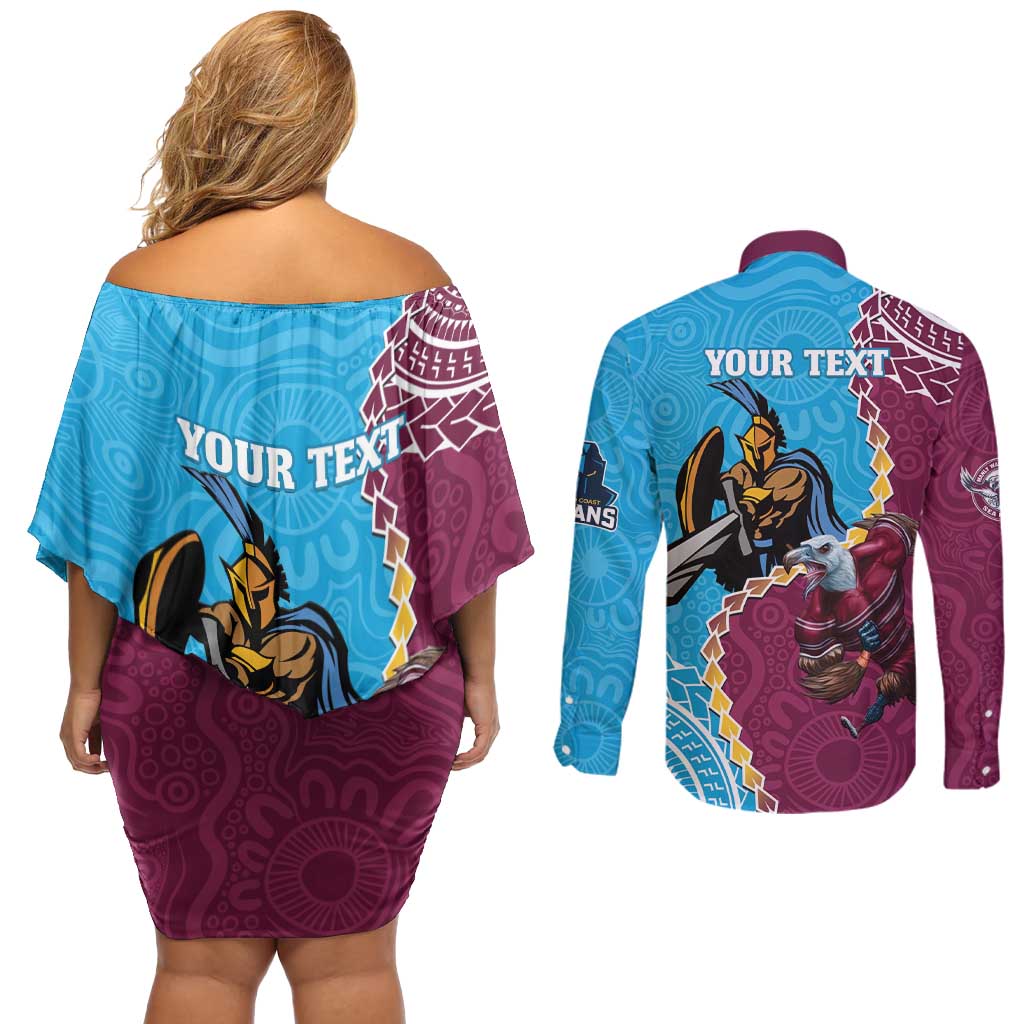 Personalised Eagles And Titans Rugby Couples Matching Off Shoulder Short Dress and Long Sleeve Button Shirt Aboriginal Mix Polynesian Pattern