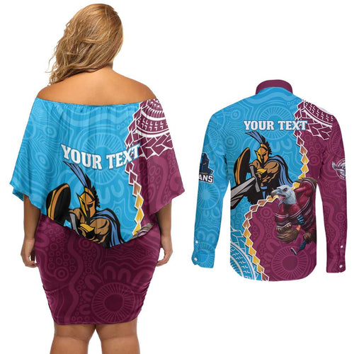 Personalised Eagles And Titans Rugby Couples Matching Off Shoulder Short Dress and Long Sleeve Button Shirt Aboriginal Mix Polynesian Pattern