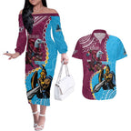 Personalised Eagles And Titans Rugby Couples Matching Off The Shoulder Long Sleeve Dress and Hawaiian Shirt Aboriginal Mix Polynesian Pattern