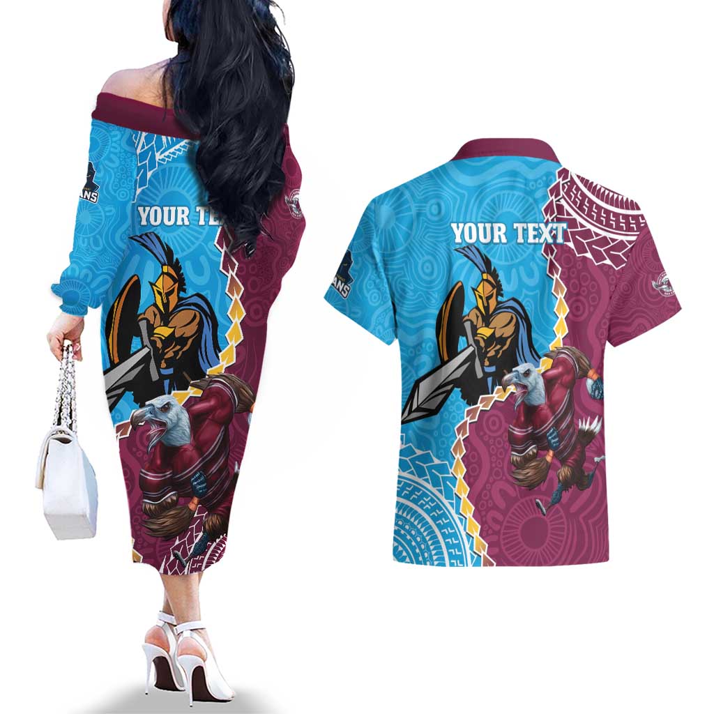 Personalised Eagles And Titans Rugby Couples Matching Off The Shoulder Long Sleeve Dress and Hawaiian Shirt Aboriginal Mix Polynesian Pattern