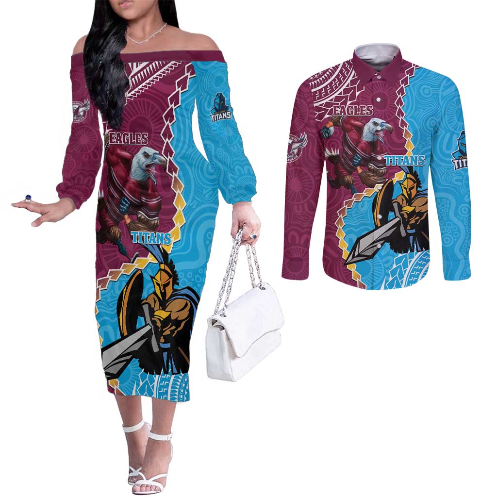 Personalised Eagles And Titans Rugby Couples Matching Off The Shoulder Long Sleeve Dress and Long Sleeve Button Shirt Aboriginal Mix Polynesian Pattern