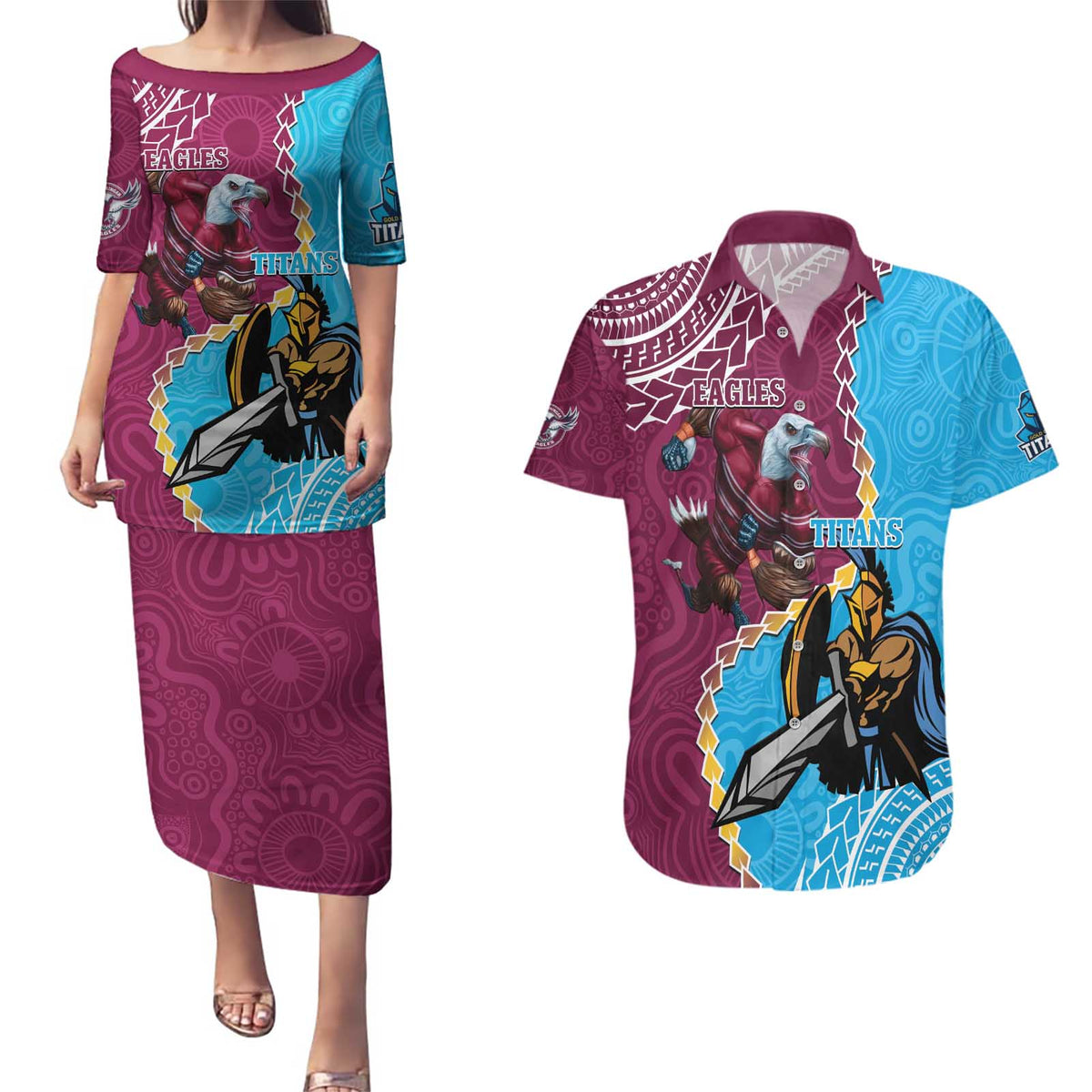 Personalised Eagles And Titans Rugby Couples Matching Puletasi and Hawaiian Shirt Aboriginal Mix Polynesian Pattern