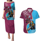 Personalised Eagles And Titans Rugby Couples Matching Puletasi and Hawaiian Shirt Aboriginal Mix Polynesian Pattern