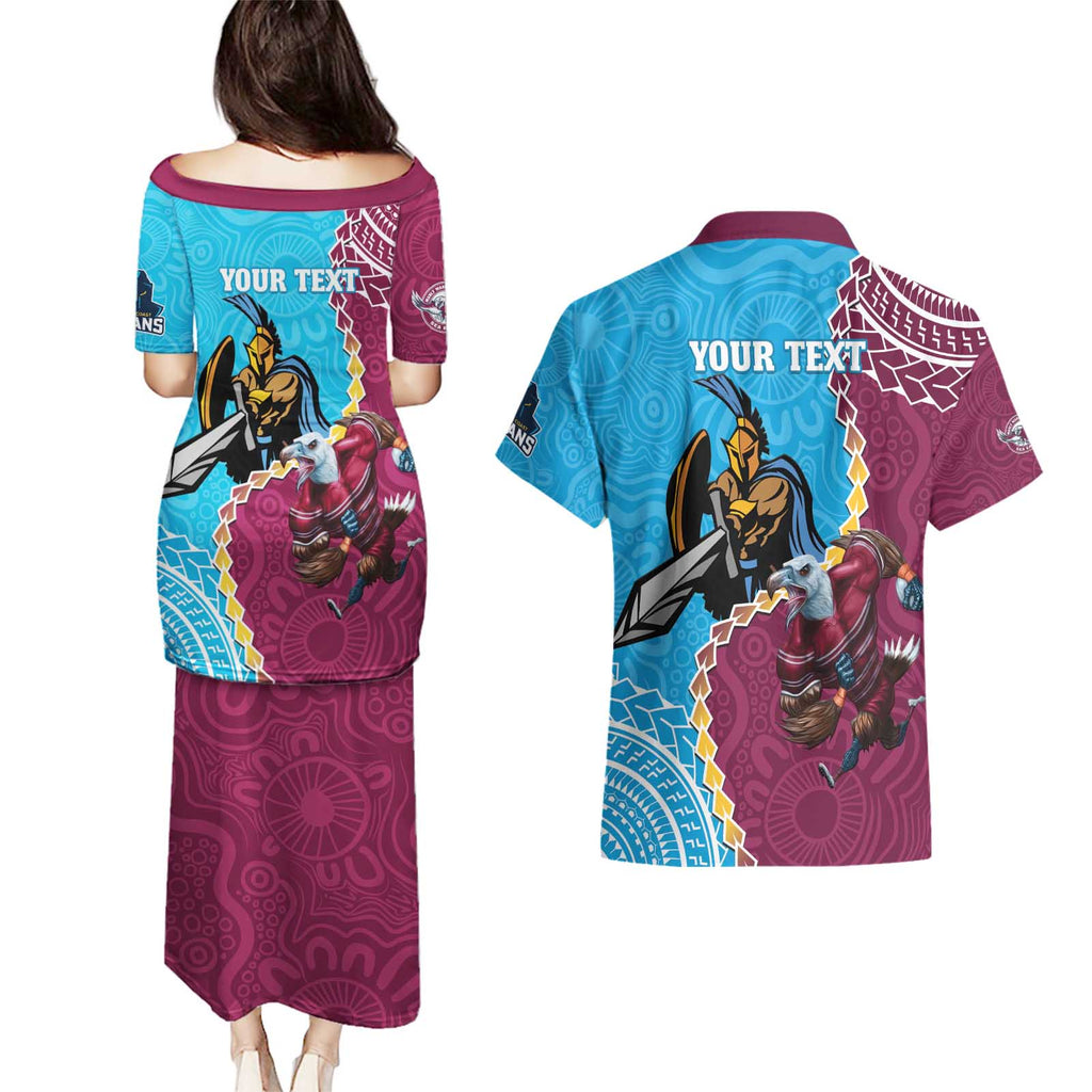 Personalised Eagles And Titans Rugby Couples Matching Puletasi and Hawaiian Shirt Aboriginal Mix Polynesian Pattern