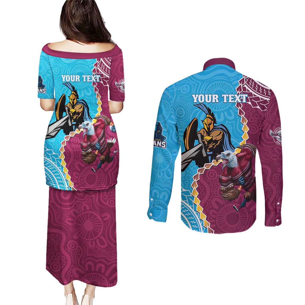 Personalised Eagles And Titans Rugby Couples Matching Puletasi and Long Sleeve Button Shirt Aboriginal Mix Polynesian Pattern