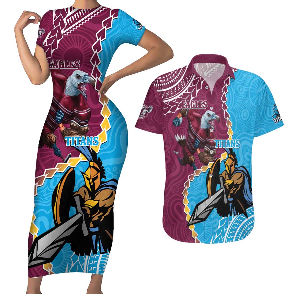 Personalised Eagles And Titans Rugby Couples Matching Short Sleeve Bodycon Dress and Hawaiian Shirt Aboriginal Mix Polynesian Pattern