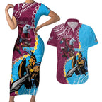 Personalised Eagles And Titans Rugby Couples Matching Short Sleeve Bodycon Dress and Hawaiian Shirt Aboriginal Mix Polynesian Pattern
