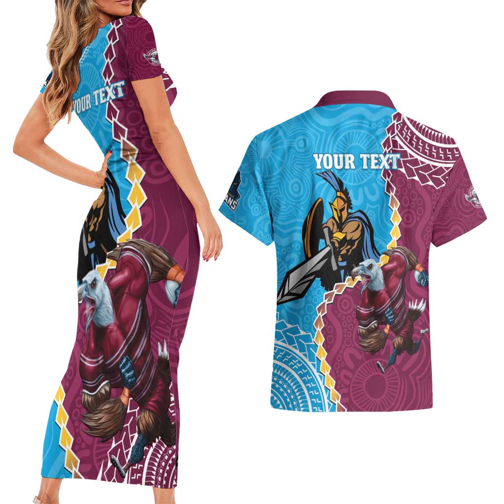 Personalised Eagles And Titans Rugby Couples Matching Short Sleeve Bodycon Dress and Hawaiian Shirt Aboriginal Mix Polynesian Pattern