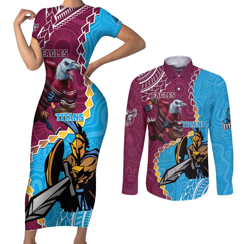 Personalised Eagles And Titans Rugby Couples Matching Short Sleeve Bodycon Dress and Long Sleeve Button Shirt Aboriginal Mix Polynesian Pattern