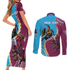 Personalised Eagles And Titans Rugby Couples Matching Short Sleeve Bodycon Dress and Long Sleeve Button Shirt Aboriginal Mix Polynesian Pattern