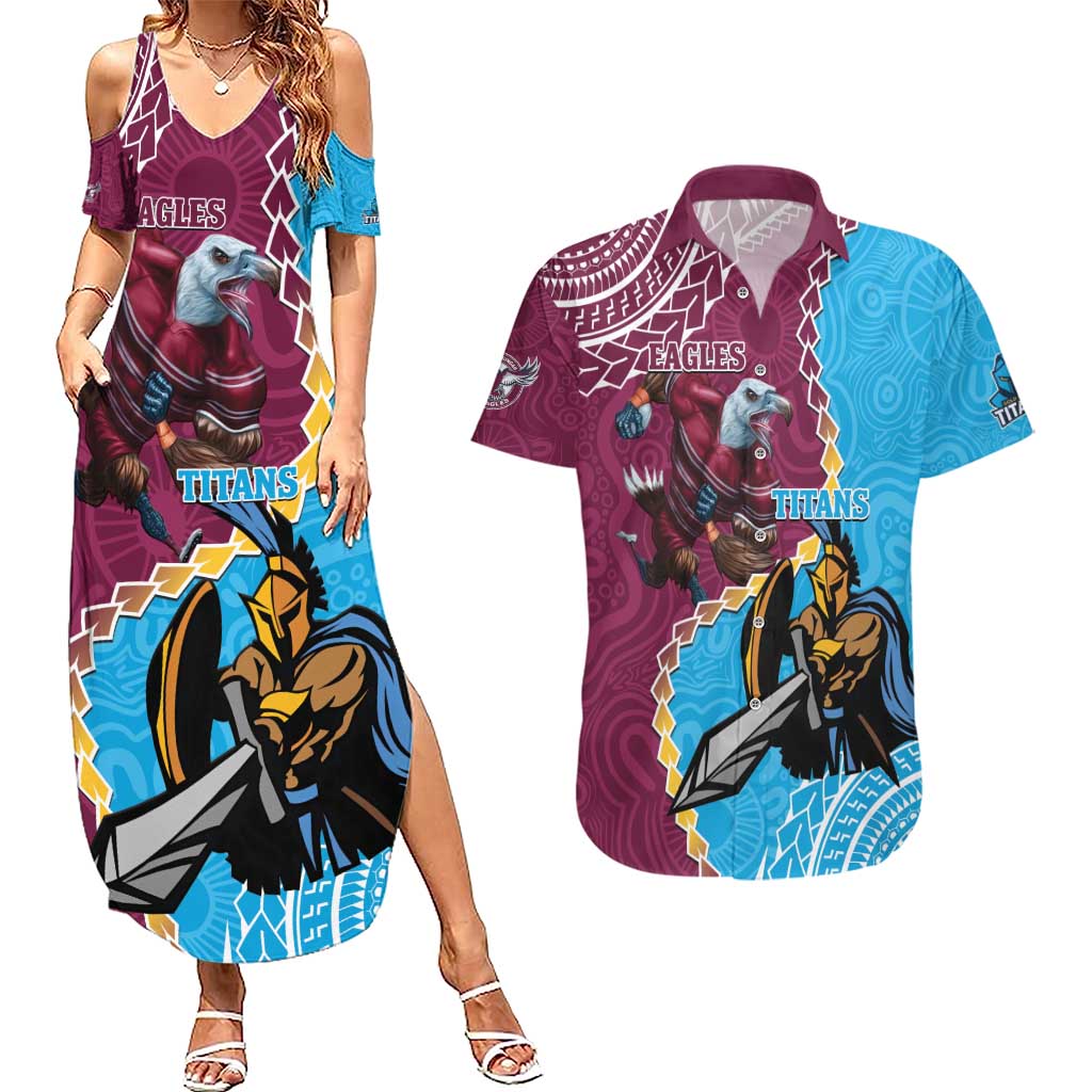 Personalised Eagles And Titans Rugby Couples Matching Summer Maxi Dress and Hawaiian Shirt Aboriginal Mix Polynesian Pattern