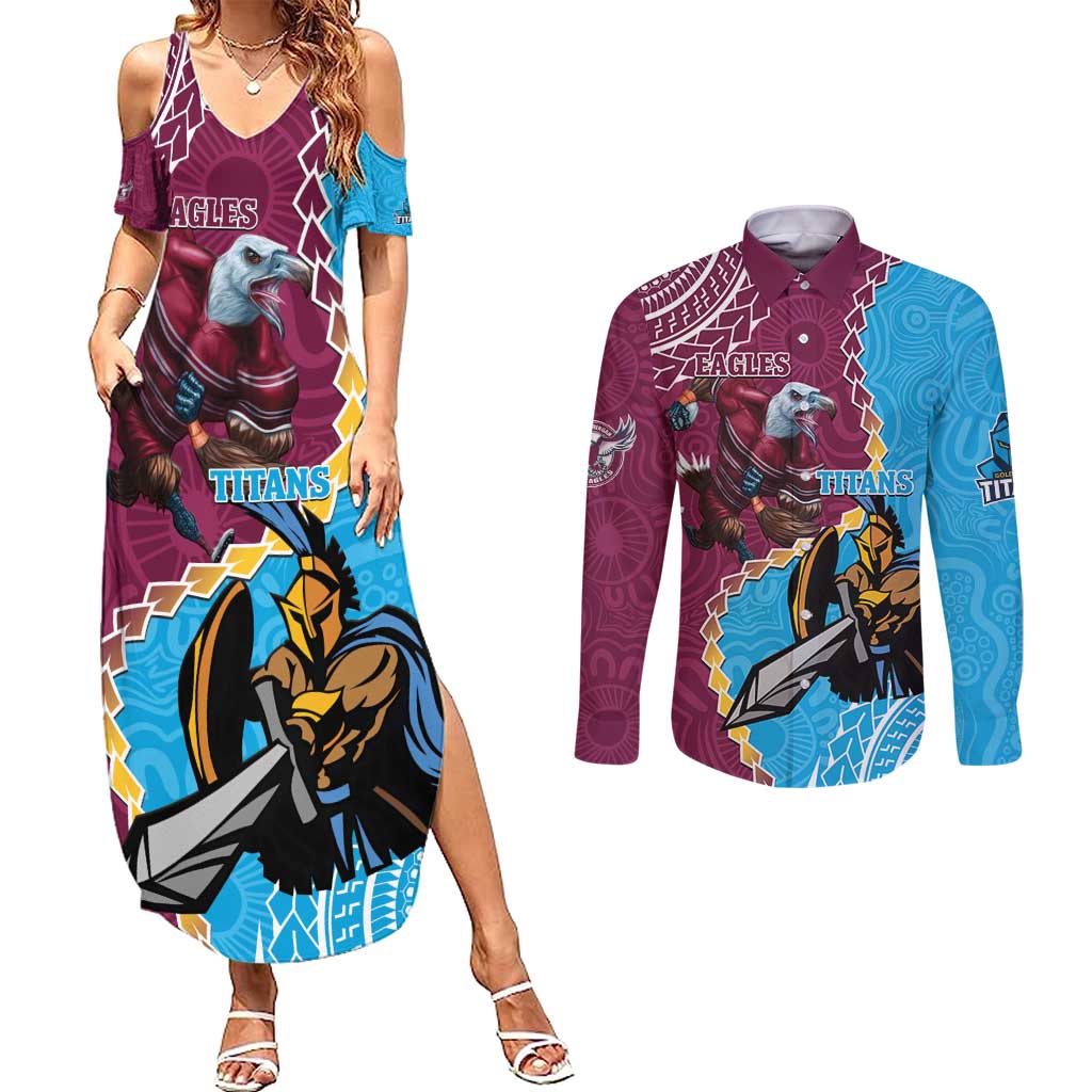 Personalised Eagles And Titans Rugby Couples Matching Summer Maxi Dress and Long Sleeve Button Shirt Aboriginal Mix Polynesian Pattern