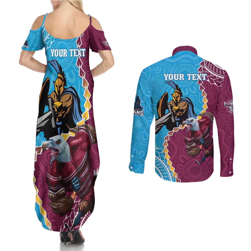 Personalised Eagles And Titans Rugby Couples Matching Summer Maxi Dress and Long Sleeve Button Shirt Aboriginal Mix Polynesian Pattern