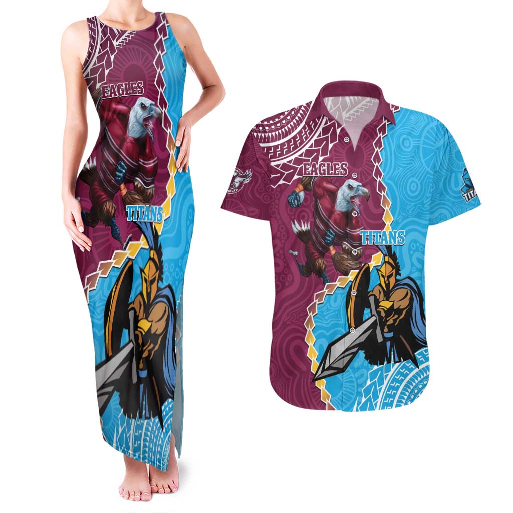 Personalised Eagles And Titans Rugby Couples Matching Tank Maxi Dress and Hawaiian Shirt Aboriginal Mix Polynesian Pattern