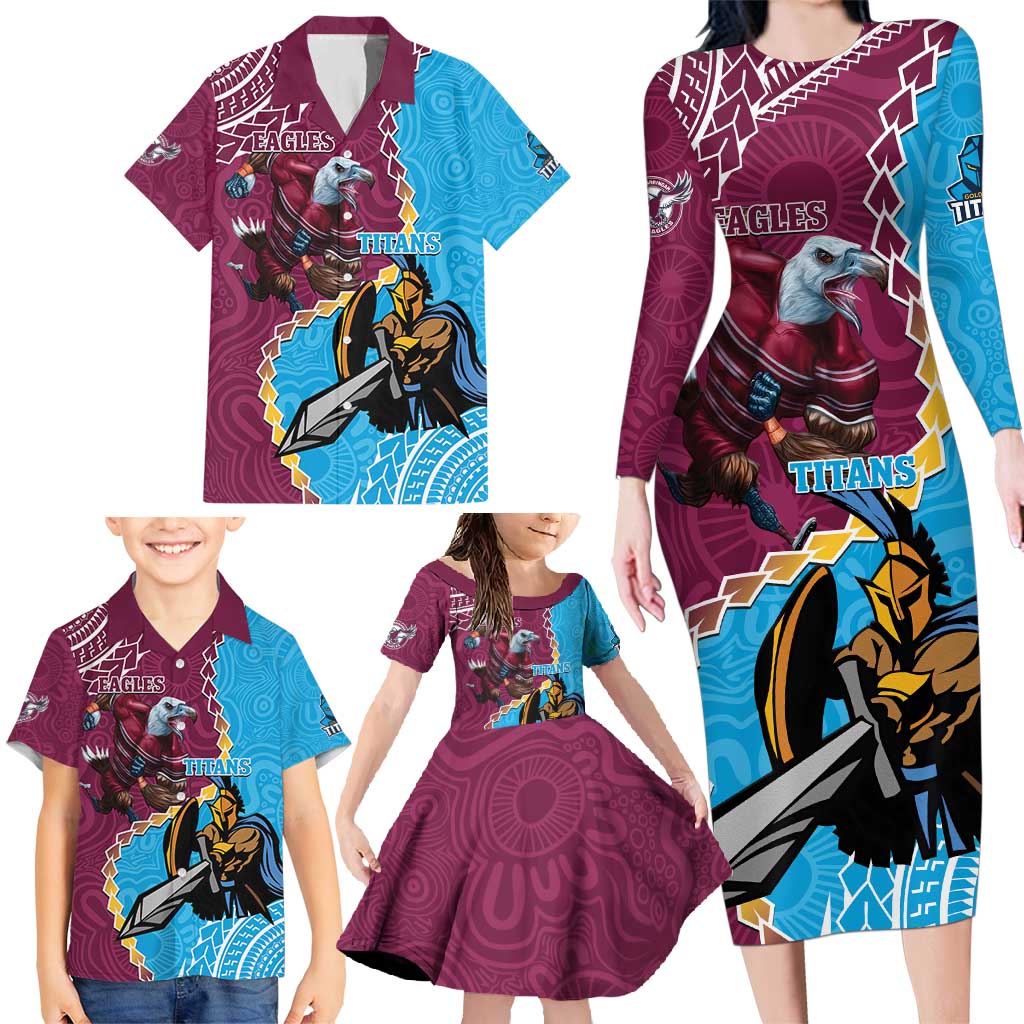 Personalised Eagles And Titans Rugby Family Matching Long Sleeve Bodycon Dress and Hawaiian Shirt Aboriginal Mix Polynesian Pattern