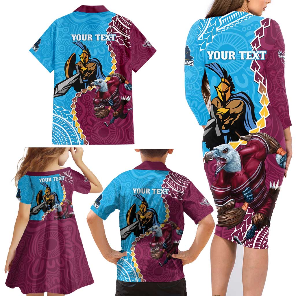 Personalised Eagles And Titans Rugby Family Matching Long Sleeve Bodycon Dress and Hawaiian Shirt Aboriginal Mix Polynesian Pattern