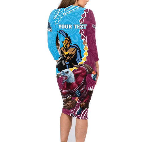 Personalised Eagles And Titans Rugby Family Matching Long Sleeve Bodycon Dress and Hawaiian Shirt Aboriginal Mix Polynesian Pattern