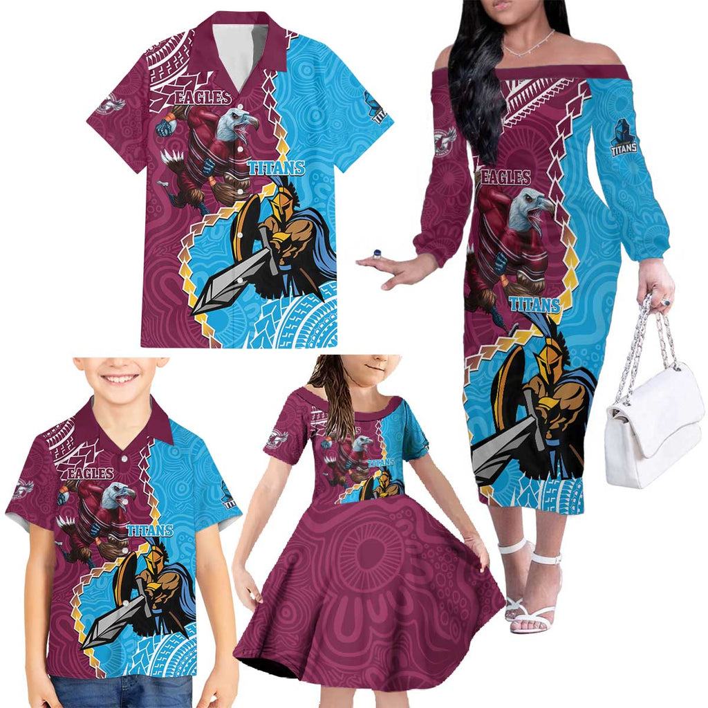 Personalised Eagles And Titans Rugby Family Matching Off The Shoulder Long Sleeve Dress and Hawaiian Shirt Aboriginal Mix Polynesian Pattern