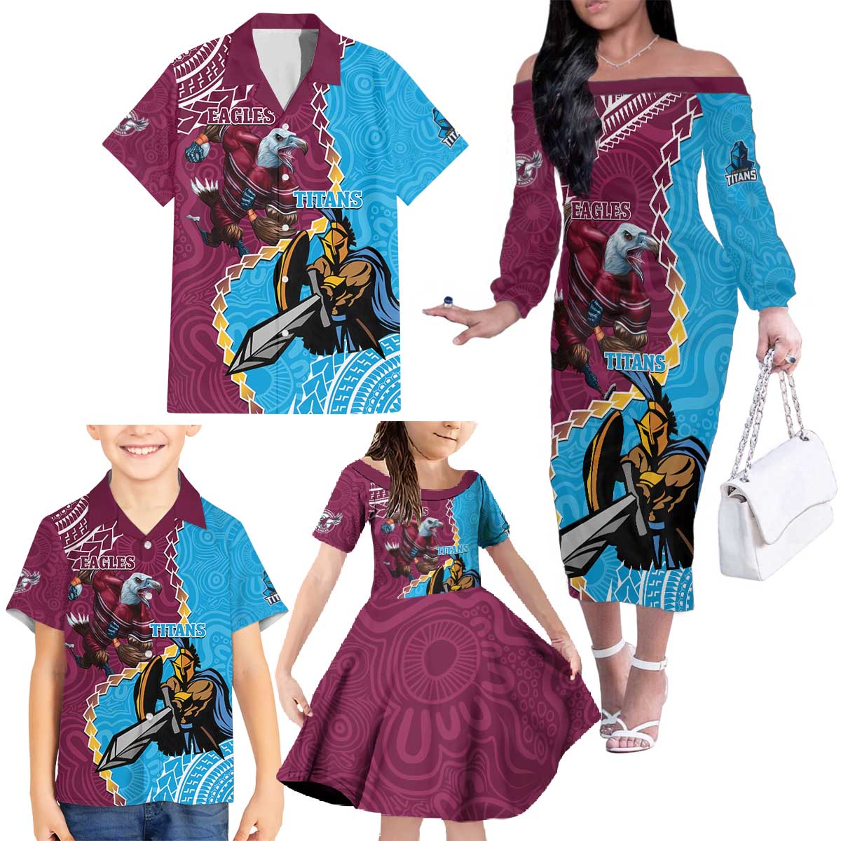 Personalised Eagles And Titans Rugby Family Matching Off The Shoulder Long Sleeve Dress and Hawaiian Shirt Aboriginal Mix Polynesian Pattern