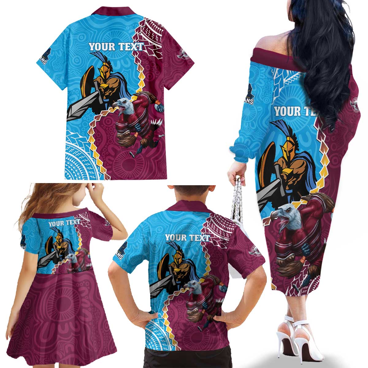 Personalised Eagles And Titans Rugby Family Matching Off The Shoulder Long Sleeve Dress and Hawaiian Shirt Aboriginal Mix Polynesian Pattern