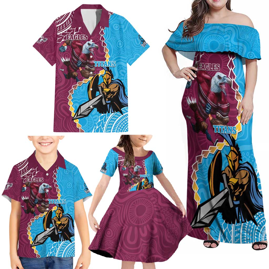 Personalised Eagles And Titans Rugby Family Matching Off Shoulder Maxi Dress and Hawaiian Shirt Aboriginal Mix Polynesian Pattern