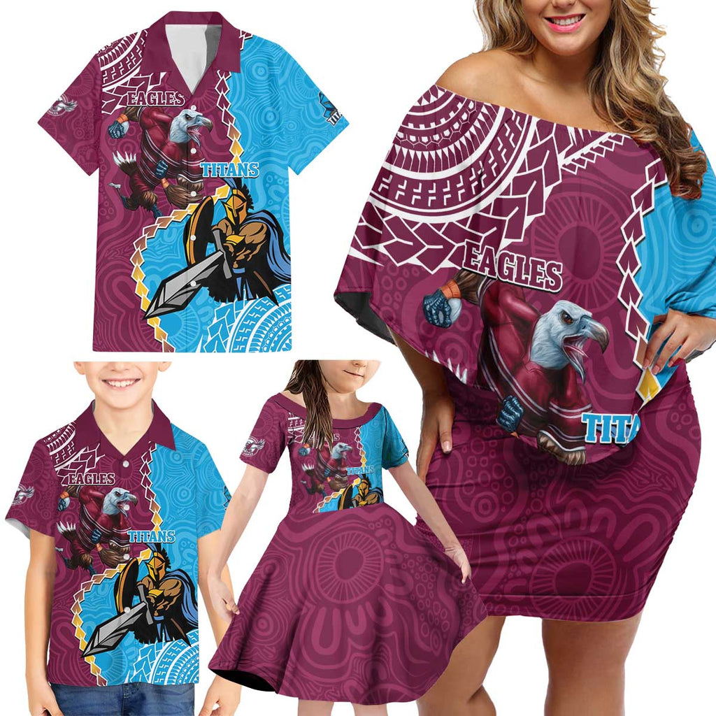Personalised Eagles And Titans Rugby Family Matching Off Shoulder Short Dress and Hawaiian Shirt Aboriginal Mix Polynesian Pattern