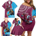 Personalised Eagles And Titans Rugby Family Matching Off Shoulder Short Dress and Hawaiian Shirt Aboriginal Mix Polynesian Pattern
