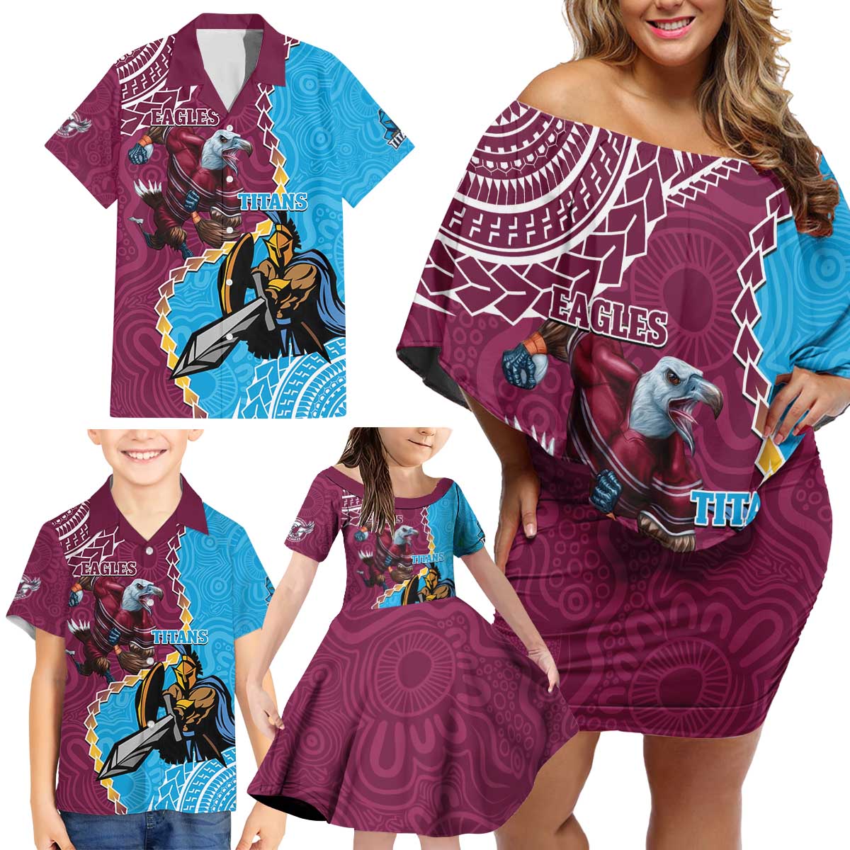 Personalised Eagles And Titans Rugby Family Matching Off Shoulder Short Dress and Hawaiian Shirt Aboriginal Mix Polynesian Pattern