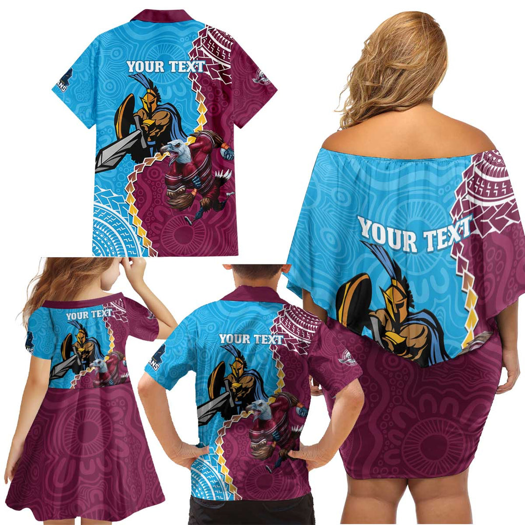 Personalised Eagles And Titans Rugby Family Matching Off Shoulder Short Dress and Hawaiian Shirt Aboriginal Mix Polynesian Pattern