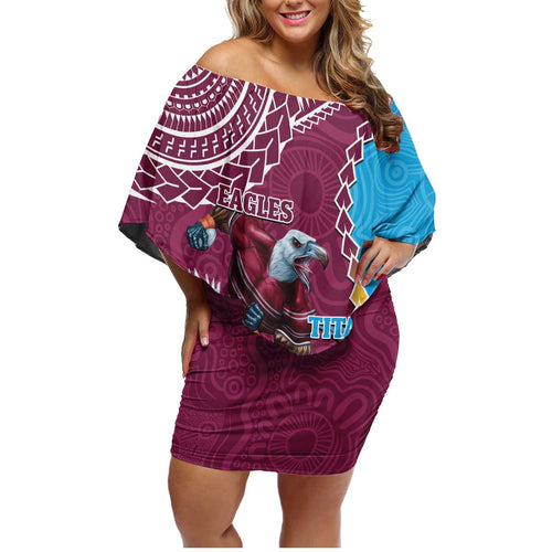 Personalised Eagles And Titans Rugby Family Matching Off Shoulder Short Dress and Hawaiian Shirt Aboriginal Mix Polynesian Pattern