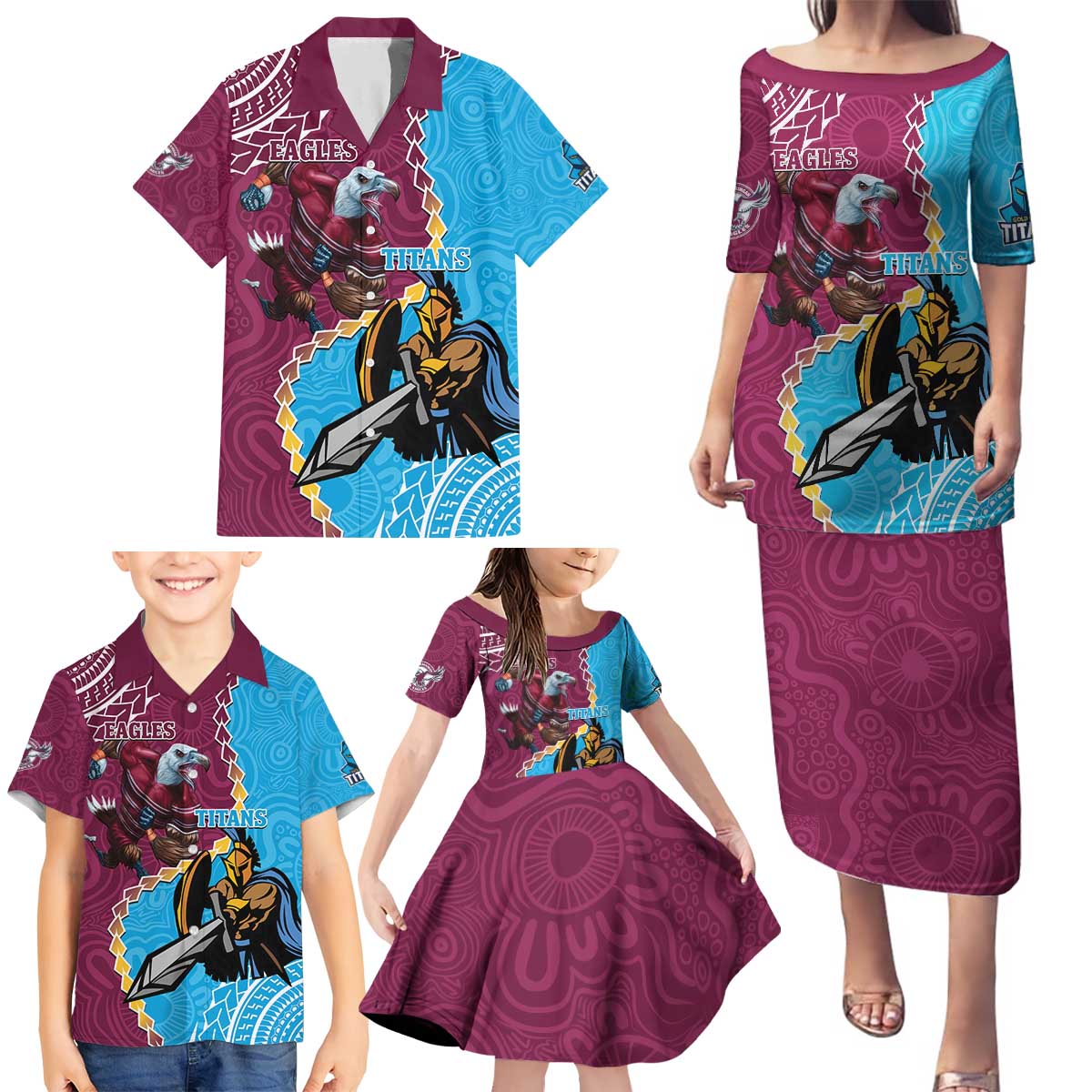 Personalised Eagles And Titans Rugby Family Matching Puletasi and Hawaiian Shirt Aboriginal Mix Polynesian Pattern