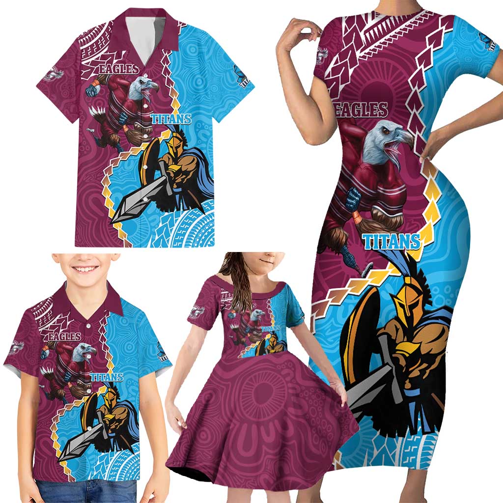 Personalised Eagles And Titans Rugby Family Matching Short Sleeve Bodycon Dress and Hawaiian Shirt Aboriginal Mix Polynesian Pattern