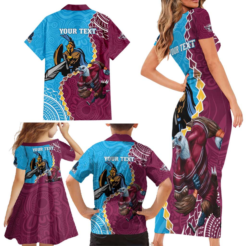Personalised Eagles And Titans Rugby Family Matching Short Sleeve Bodycon Dress and Hawaiian Shirt Aboriginal Mix Polynesian Pattern