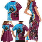 Personalised Eagles And Titans Rugby Family Matching Short Sleeve Bodycon Dress and Hawaiian Shirt Aboriginal Mix Polynesian Pattern