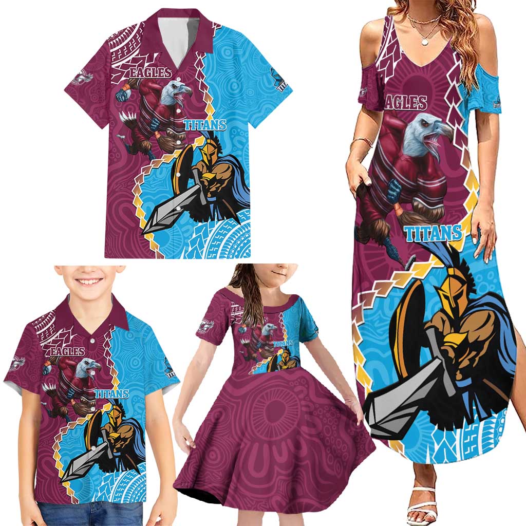 Personalised Eagles And Titans Rugby Family Matching Summer Maxi Dress and Hawaiian Shirt Aboriginal Mix Polynesian Pattern