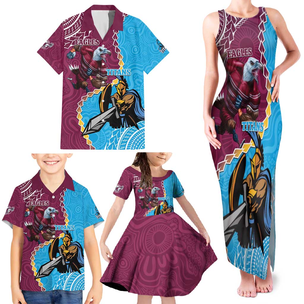 Personalised Eagles And Titans Rugby Family Matching Tank Maxi Dress and Hawaiian Shirt Aboriginal Mix Polynesian Pattern