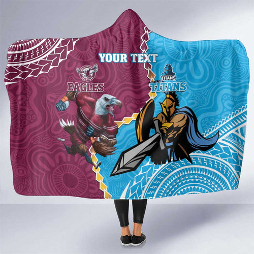 Personalised Eagles And Titans Rugby Hooded Blanket Aboriginal Mix Polynesian Pattern