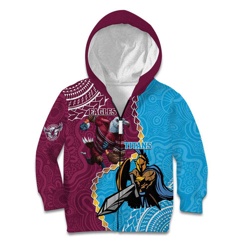 Personalised Eagles And Titans Rugby Kid Hoodie Aboriginal Mix Polynesian Pattern