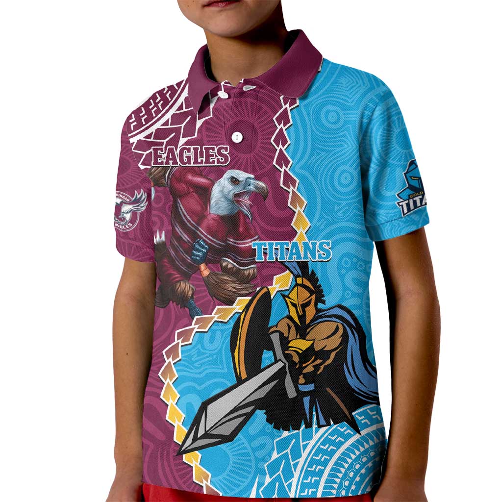 Personalised Eagles And Titans Rugby Kid Polo Shirt Aboriginal Mix Polynesian Pattern