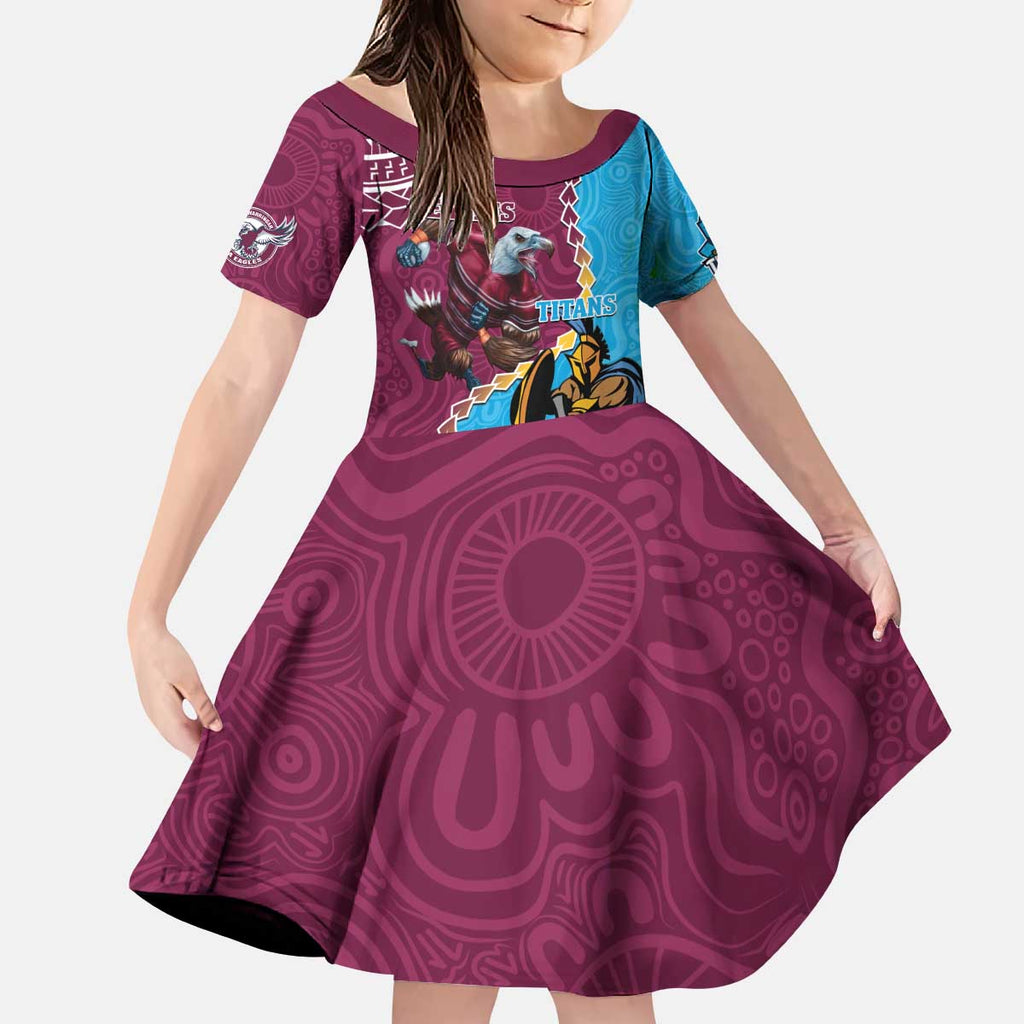 Personalised Eagles And Titans Rugby Kid Short Sleeve Dress Aboriginal Mix Polynesian Pattern