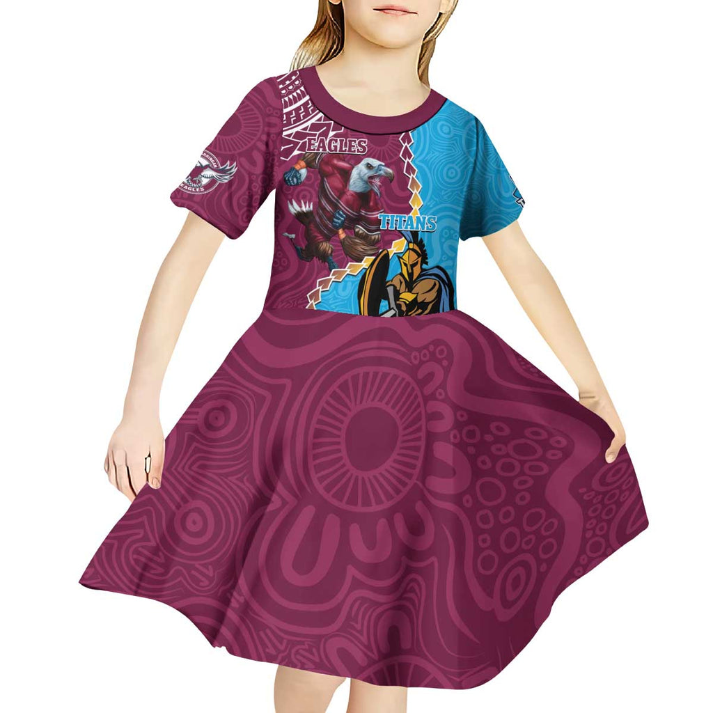 Personalised Eagles And Titans Rugby Kid Short Sleeve Dress Aboriginal Mix Polynesian Pattern