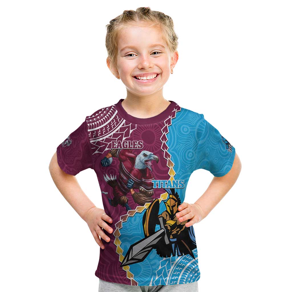 Personalised Eagles And Titans Rugby Kid T Shirt Aboriginal Mix Polynesian Pattern
