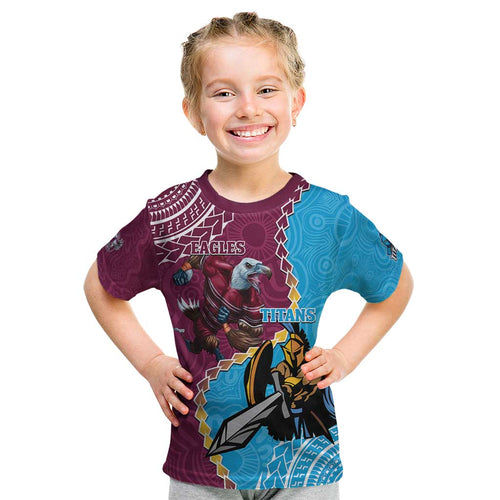 Personalised Eagles And Titans Rugby Kid T Shirt Aboriginal Mix Polynesian Pattern