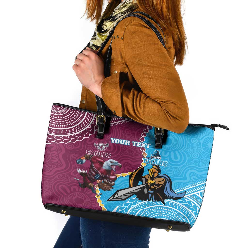 Personalised Eagles And Titans Rugby Leather Tote Bag Aboriginal Mix Polynesian Pattern