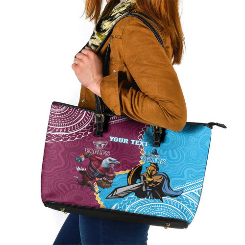 Personalised Eagles And Titans Rugby Leather Tote Bag Aboriginal Mix Polynesian Pattern