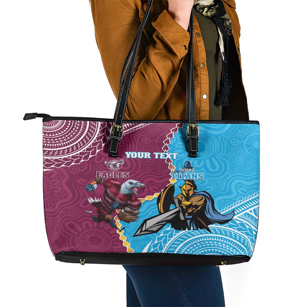 Personalised Eagles And Titans Rugby Leather Tote Bag Aboriginal Mix Polynesian Pattern