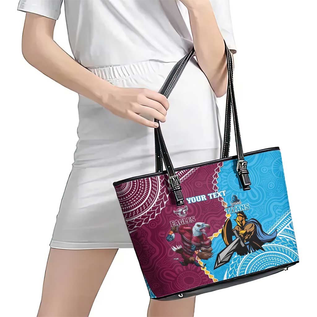 Personalised Eagles And Titans Rugby Leather Tote Bag Aboriginal Mix Polynesian Pattern