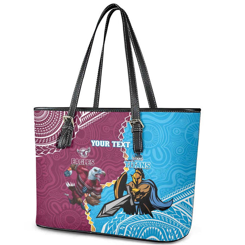 Personalised Eagles And Titans Rugby Leather Tote Bag Aboriginal Mix Polynesian Pattern
