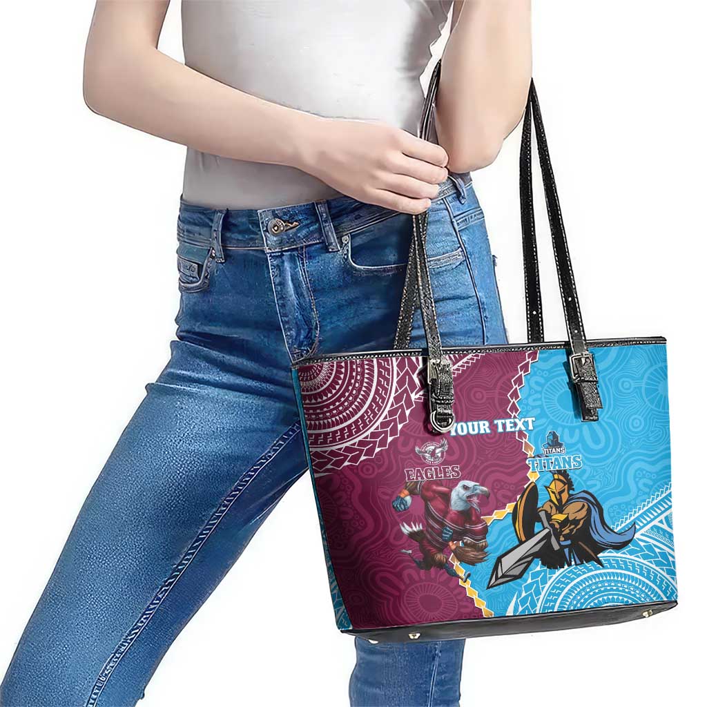 Personalised Eagles And Titans Rugby Leather Tote Bag Aboriginal Mix Polynesian Pattern