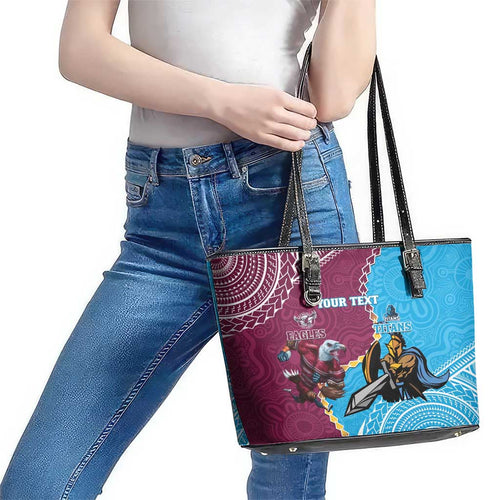 Personalised Eagles And Titans Rugby Leather Tote Bag Aboriginal Mix Polynesian Pattern